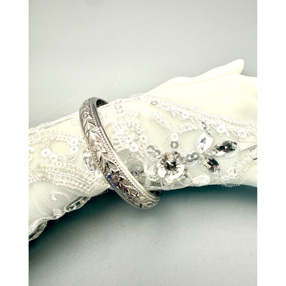 Whiting & Davis Silver Tone Floral Hinged Bangle Bracelet